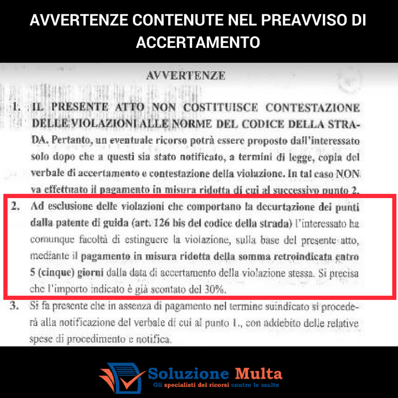 avvertenze nel retro del preavviso di accertamento