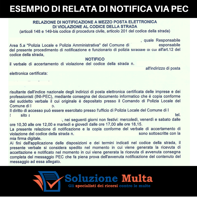 Esempio relata di notifica della multa via pec