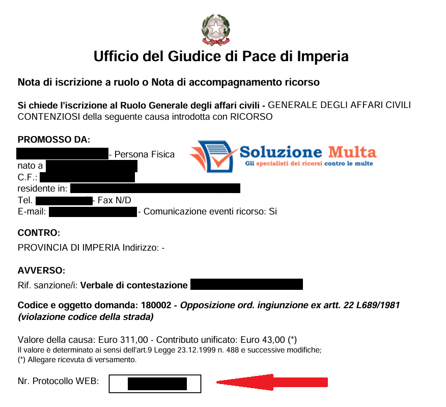 nota preiscrizione a ruolo con numero di protocollo web