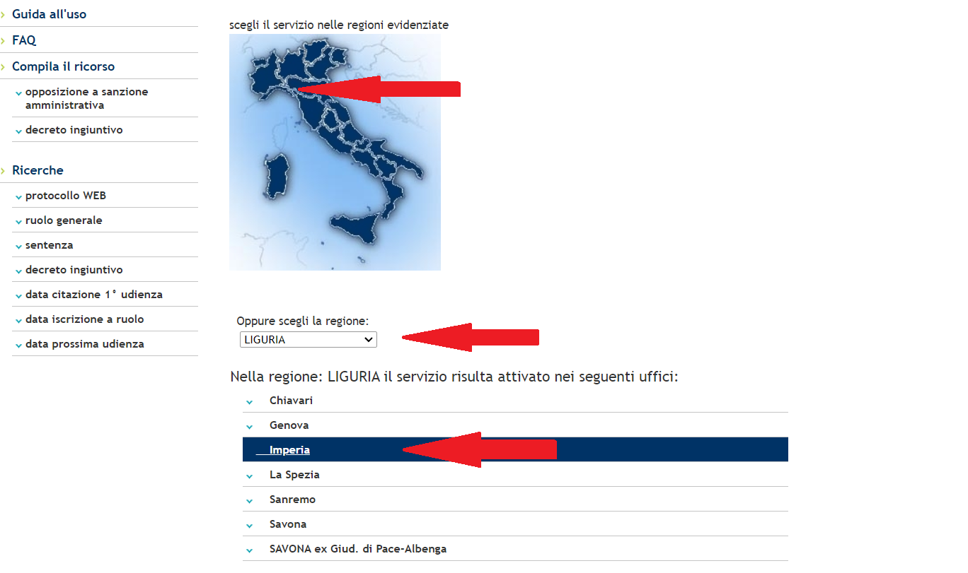 monitorare lo stato del ricorso contro la multa al Giudice di Pace selezionando regione ed ufficio competente